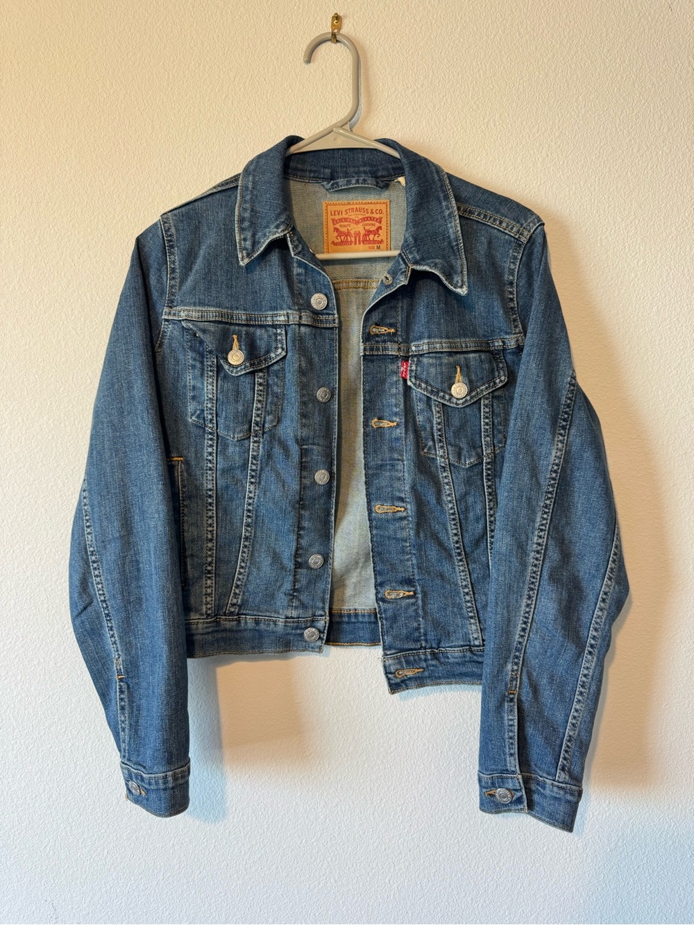 Levi's Blue Denim Jacket with Tan Leather Patch